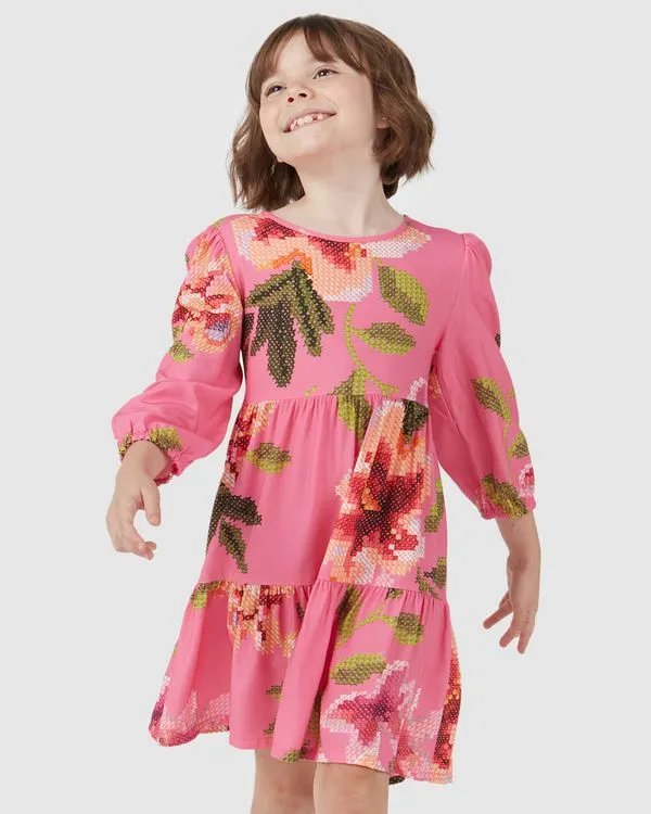 Vestido Infantil Manga Longa Floral Em Viscose Malwee Kids Rosa - 14