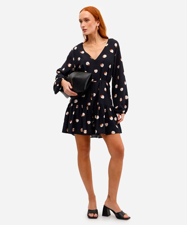 vestido curto feminino de viscose poá com babado preto M