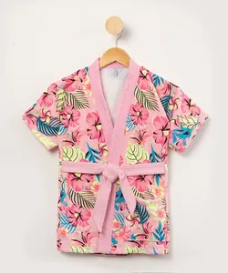 roupão infantil manga curta estampado floral rosa M