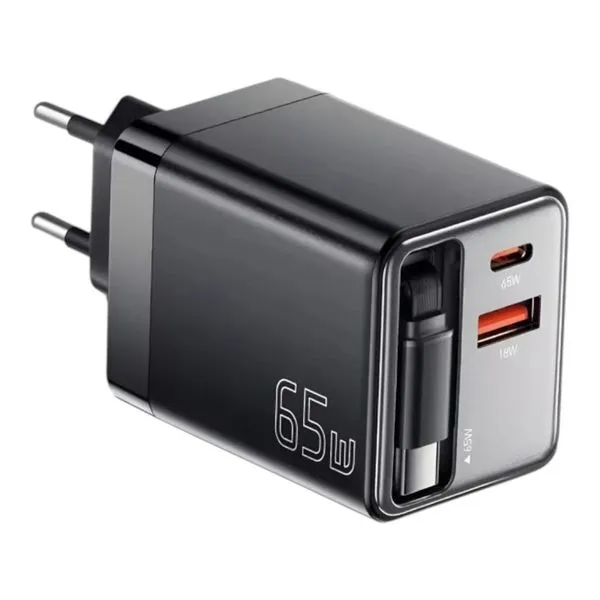 Carregador De Viagem Essager 65W GAN USB/USB-C Com Cabo Retrátil Preto (MP)