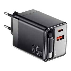 Carregador De Viagem Essager 65W GAN USB/USB-C Com Cabo Retrátil Preto (MP)