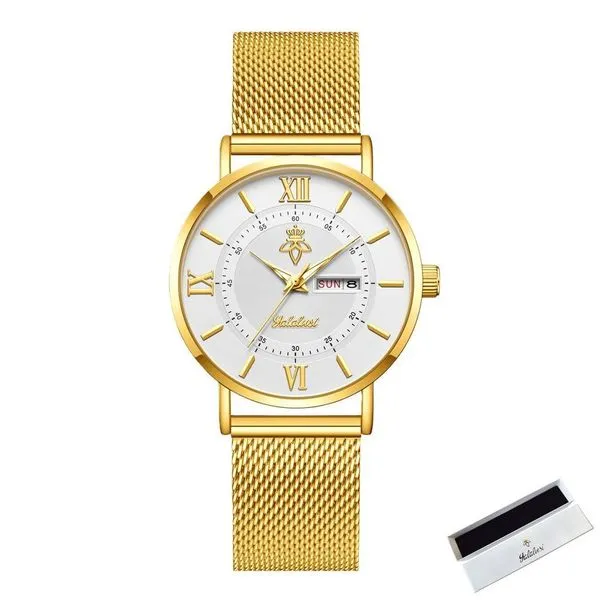 Relógio de Pulso Feminino de Quartzo Multifuncional Luxo Analógico e Digital Pulseira Aço Inox Branco Sanda Relógio Feminino de Quartzo Multifuncional Luxo Analógico e Digital Aço Inox Branco Sanda