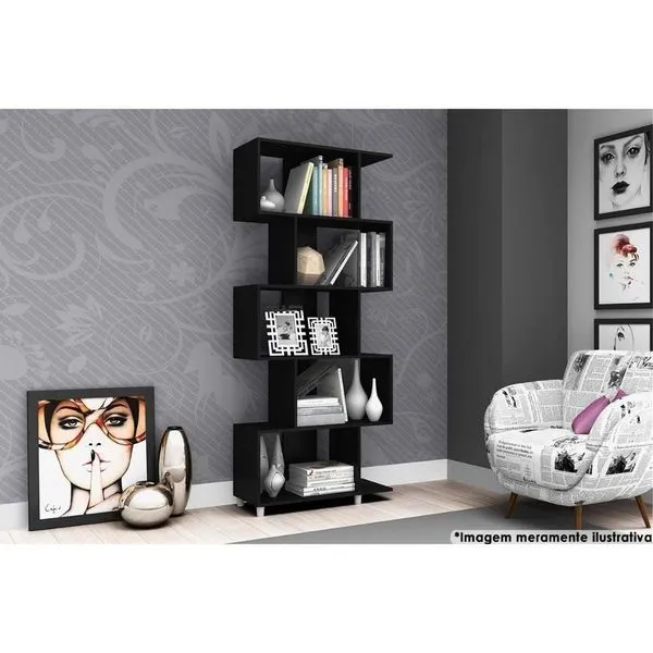 Estante De Livros Esm209 C/ 5 Nichos Preto - Movelbento