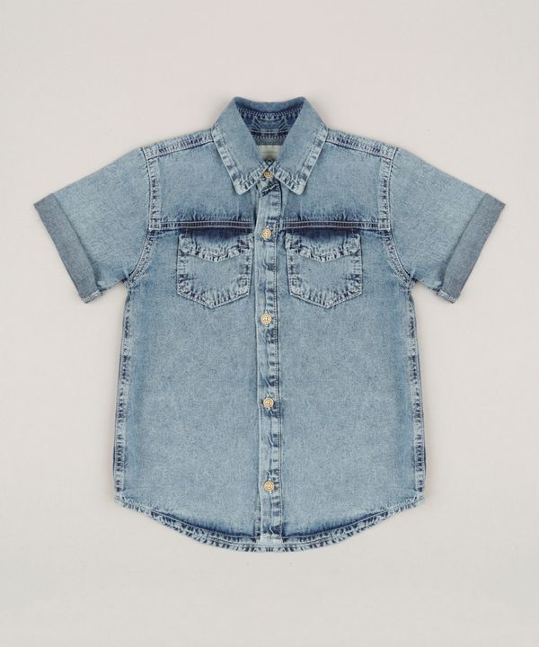 Camisa Jeans Infantil com Bolsos Manga Curta Azul Médio 4