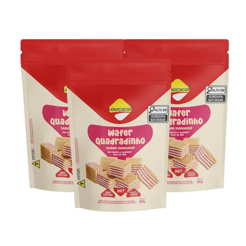 Kit Biscoito Wafer Quadradinho Diet Zero Lactose Morango Lowçúcar 3 Unidades 60g