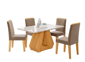 Conjunto Sala de Jantar Mesa Tampo de Vidro 100% MDF Agata e 4 Cadeiras Nicole Nature Off White - Cimol