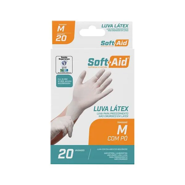 Luva Latex Soft Aid M Com Po 20 Unidades