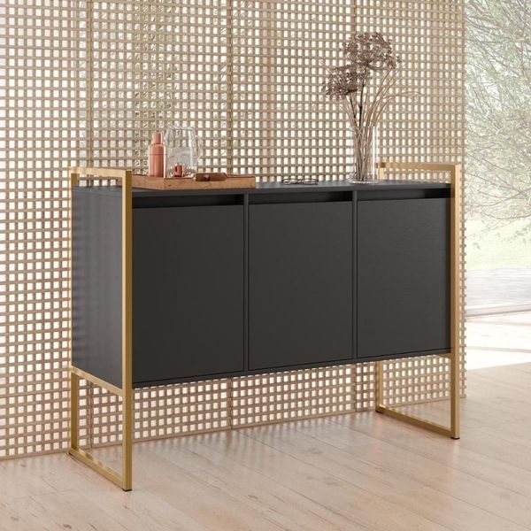 Aparador Buffet Industrial 3 Portas Sala De Estar Preto Dourado