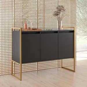 Aparador Buffet Industrial 3 Portas Sala De Estar Preto Dourado