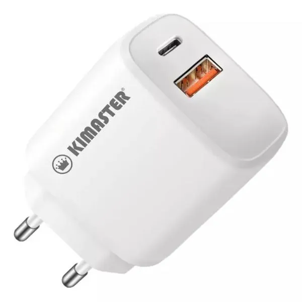 Carregador Kimaster Tomada 2 Saídas USB-C Branco 3A 40W–T110 CARREGADOR KIMASTER TOMADA 2 SAIDAS USB-