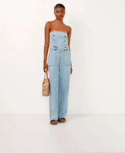 macacão longo jeans sem alça azul M
