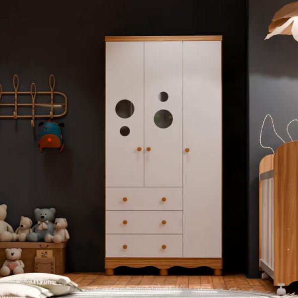 Guarda-roupa Duda Plus com 3 Portas 3 Gavetas Peroba Branco com Amêndoa