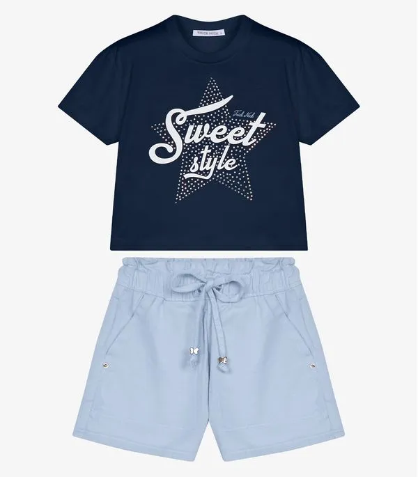 Conjunto Blusa Com Shorts Jeans Trick Nick Azul 8