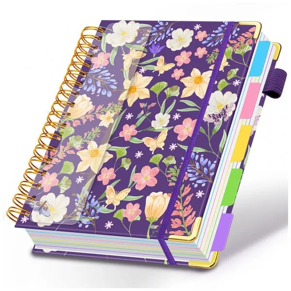 Caderno universitário espiral HDhuiun 8x10, 5 matérias, 300 páginas pautadas, divisórias com bolsos e abas, capa floral roxa