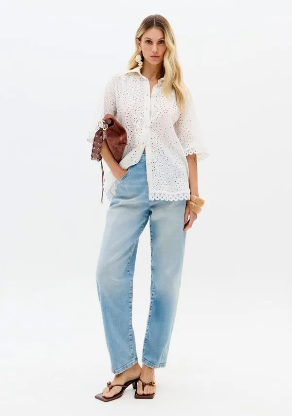 Calça Jeans Baggy Com Cintura Super Alta Azul 32