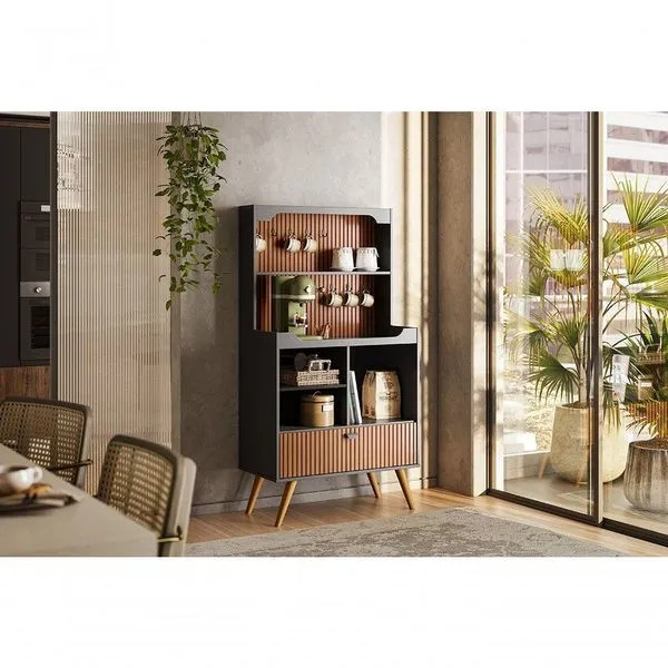 Cantinho Café Rubi Preto Tauari Ripado com Porta Basculante em Madeira e MDF 79,5cm Lukaliam Móveis Cantinho Café Rubi Preto Tauari Ripado em Madeira e MDF 79,5cm Lukaliam Móveis