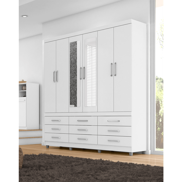 Guarda-Roupas, MDP, 6 Portas, 9 Gavetas, Com Pés, Com Espelho - Demóbile Canadá Branco
