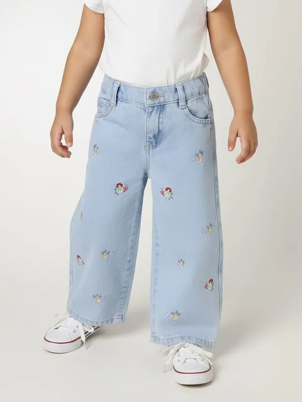 Calça Jeans Bordado Flores Infantil Para Menina- AZUL 2