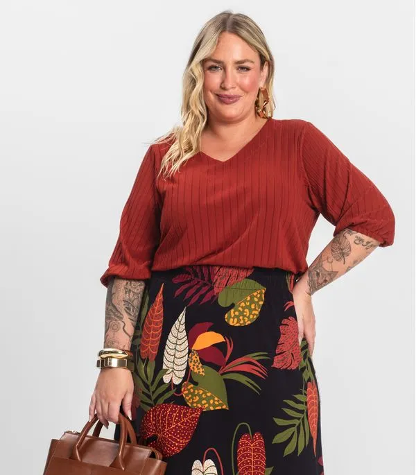 Blusa Canelada Plus Infinita Cor Laranja Plus G3
