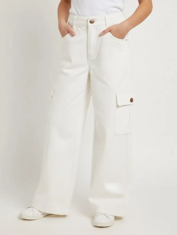Calça Sarja Wide Leg Cargo Juvenil Para Menina - OFF WHITE 16
