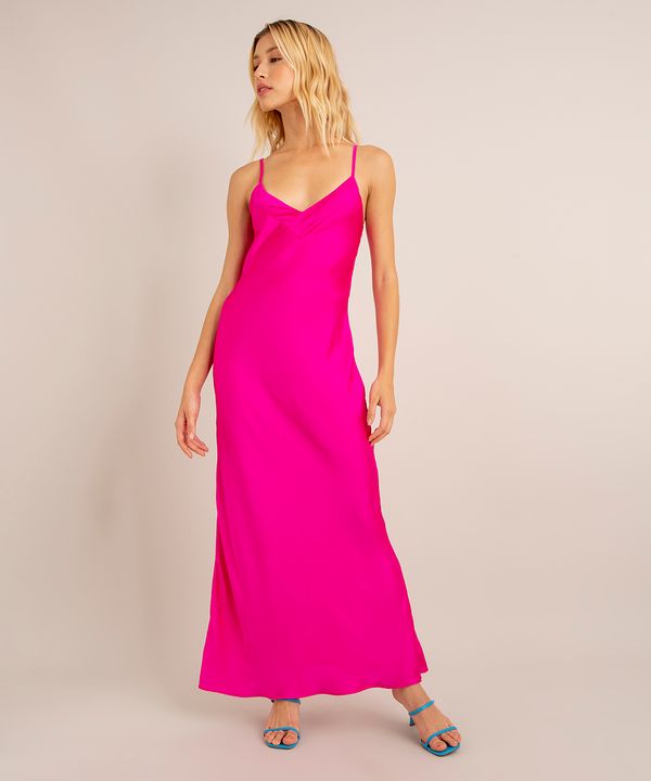 vestido longo de cetim alça fina decote v com amarração pink PP