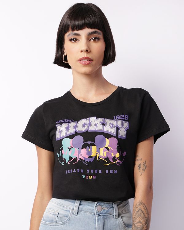 Camiseta Feminina Disney Mickey Manga Curta Preta G