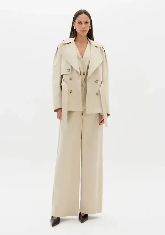 Calça Wide Leg Com Cintura Alta Bege G