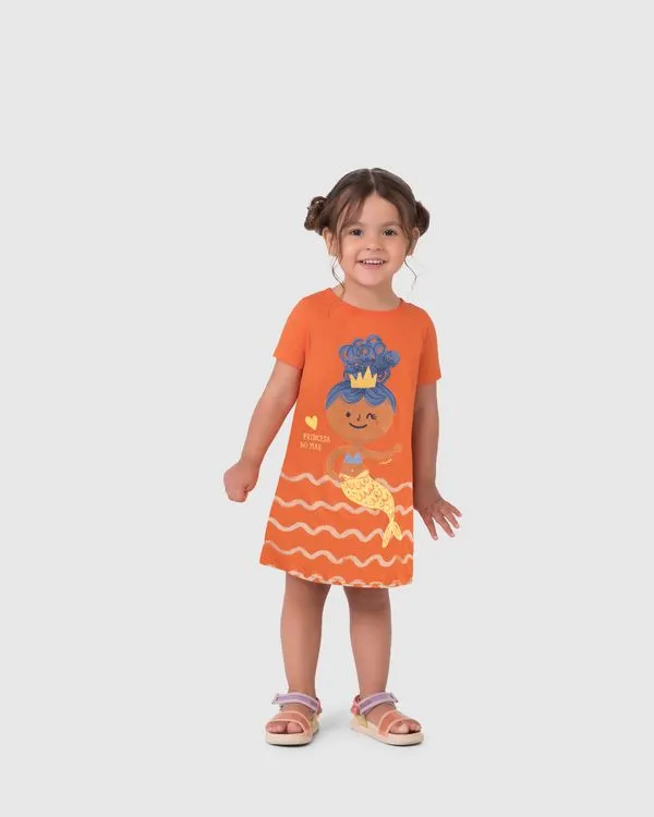 Vestido T-Shirt Infantil Princesa Do Mar Em Algodão Malwee Kids Laranja - 6