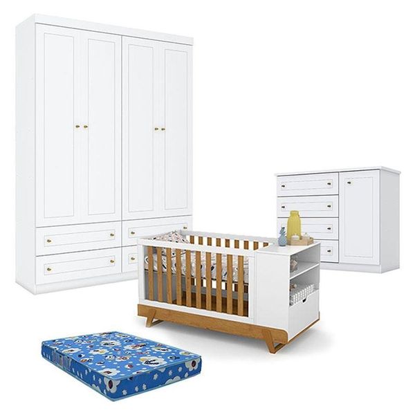 Quarto De Bebê Americano 4 Portas Com Berço Multifuncional Bkids Branco Freijó Eco Wood - Matic - Henn E Colchão Ortobom