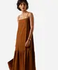 vestido midi feminino alça fina com linho e recorte marrom G