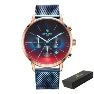 Relógio Marca Superior Luxo Malha Aço Inoxidável Quartzo Reward Azul