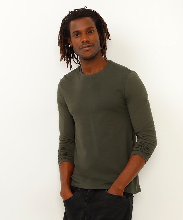 camiseta de algodão slim manga longa verde militar GG