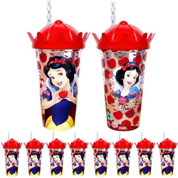 20 Copos Branca de Neve com Coroa Infantil Sacola Surpresa Decoração Lembrancinha