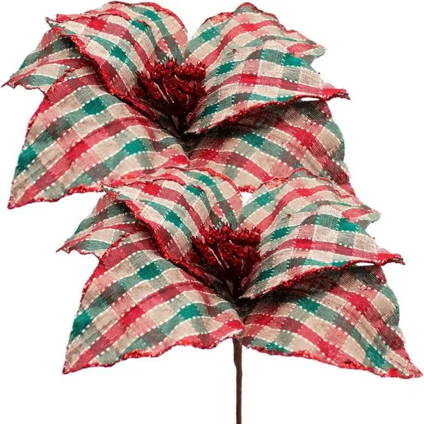 Flor Artificial Kit 10 Flores Artificiais Xadrez Glitter Artesanal Natal 30CM Decorativa com 7 Folhas Vermelho Verde Flor Artificial Kit 10 Flores Artificiais Xadrez Glitter Artesanal Natal 30CM com 7 Folhas Vermelho