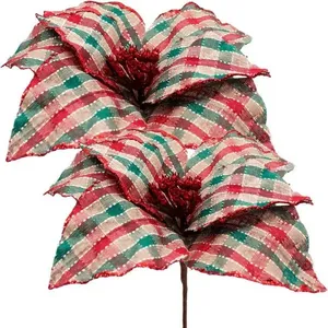Flor Artificial Kit 10 Flores Artificiais Xadrez Glitter Artesanal Natal 30CM Decorativa com 7 Folhas Vermelho Verde Flor Artificial Kit 10 Flores Artificiais Xadrez Glitter Artesanal Natal 30CM com 7 Folhas Vermelho