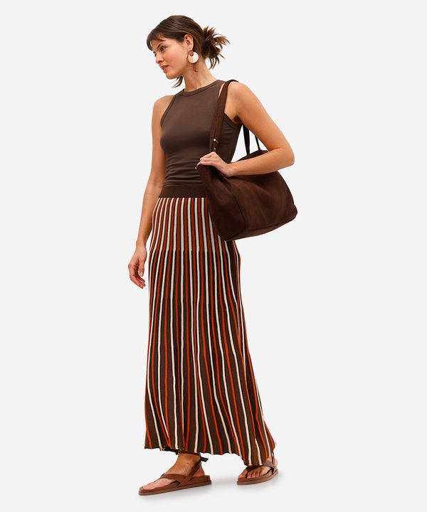 saia midi feminina de tricot texturizada listrada marrom M
