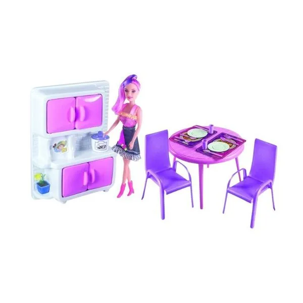 Kit Cozinha Infantil Rosa com Boneca Cadeira Mesa Armário com Utensílios para Brincar Lua de Cristal Kit Cozinha Infantil Rosa com Boneca Cadeira Mesa Armário e Utensílios Lua de Cristal