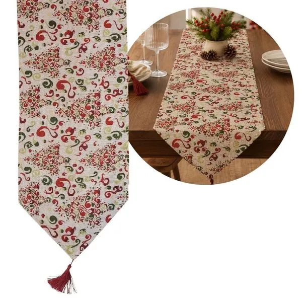 Caminho de Mesa Natalino Gobelin Luxo Estampa Pinheiro Color 180x33CM Off White Yangzi Caminho de Mesa Natalino Gobelin Estampa Pinheiro 180x33CM Off White Yangzi