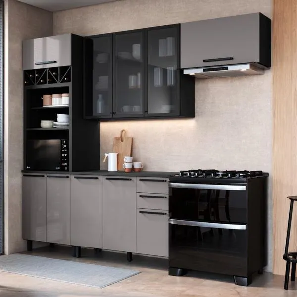Cozinha Modulada Compacta Fidelitá Mônaco 4 Peças 270cm 10 Portas 2 Gavetas Com Tampo Chumbo/titânio