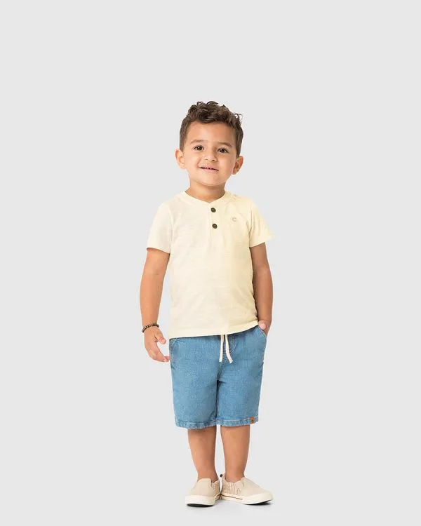 Conjunto Menino Camiseta Peitilho Frontal Em Malha Texturizada - Carinhoso Off White - 4