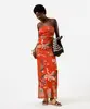 vestido longo feminino de tule sem alça floral laranja P