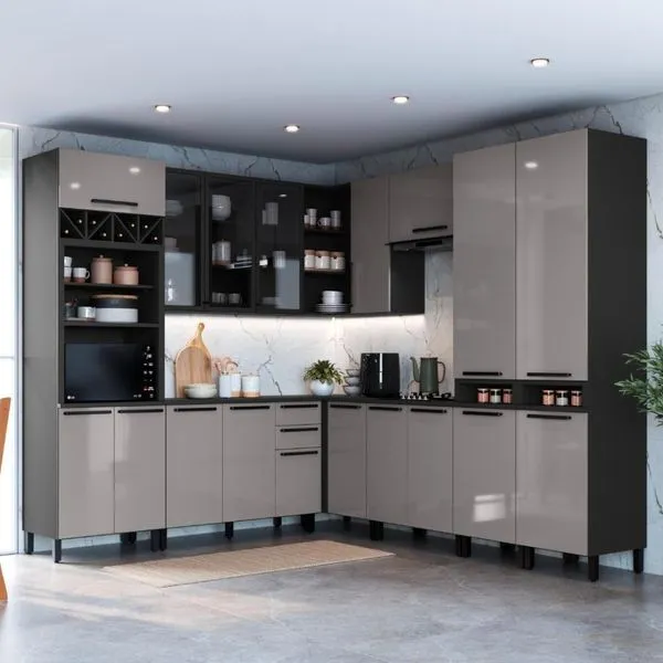 Cozinha Modulada Completa Fidelitá Mônaco 8 Peças 519cm 18 Portas 2 Gavetas Com Tampo Chumbo/titânio