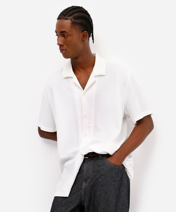 camisa manga curta texturizada e listrada - branco G