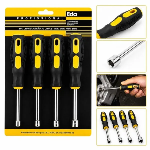 Jogo de Chave Canhão 8VQ 4 Peças 5mm a 8mm para Porcas Sextavadas Profissional Yeet Jogo de Chave Canhão 8VQ 4 Peças 5mm a 8mm Profissional para Manutenção Yeet
