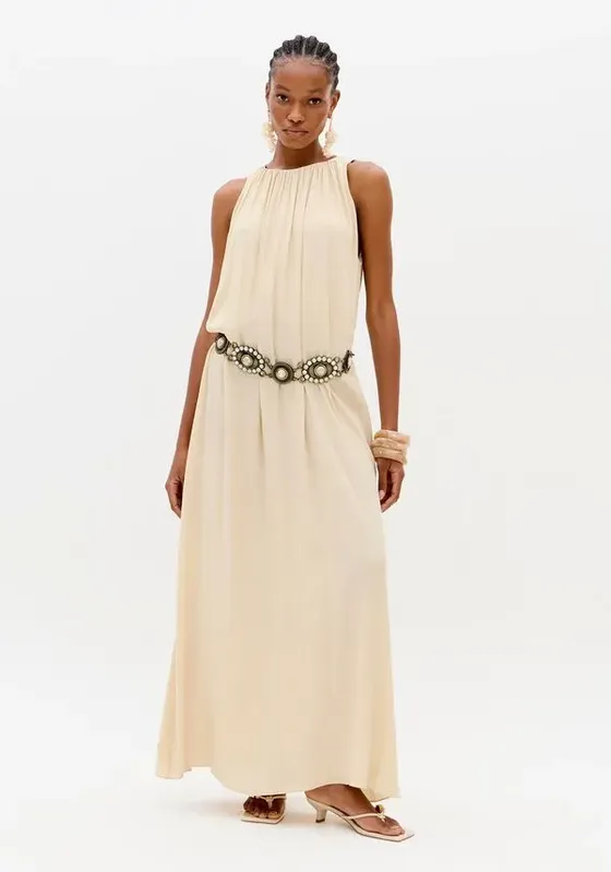 Vestido Super Midi Decote Franzido Bege M