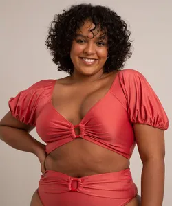 biquíni top plus size manga bufante com bojo removível e argola proteção uv50+ coral GG4