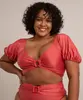 biquíni top plus size manga bufante com bojo removível e argola proteção uv50+ coral GG3
