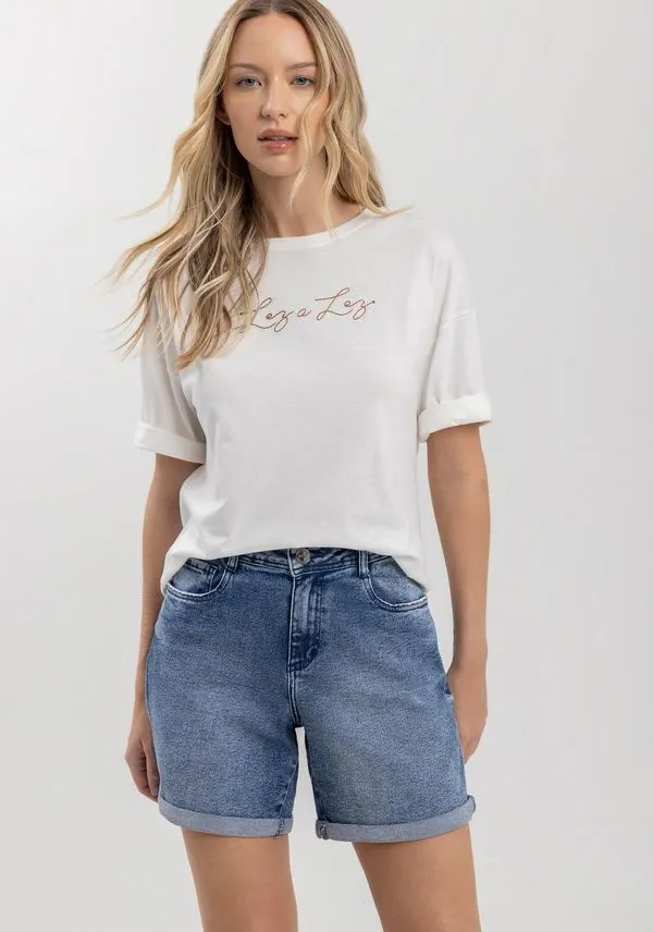 Bermuda Jeans Boyfriend Com Bolsos E Cintura Média JEANS 34