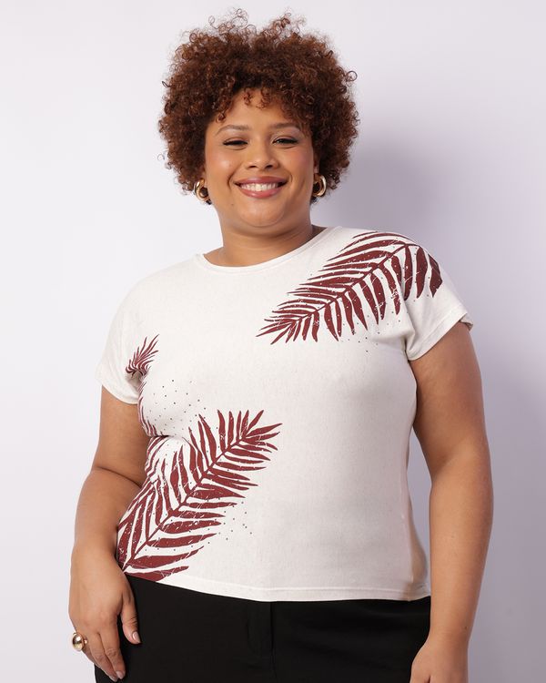 Blusa Plus Size Feminina Manga Curta Com Strass Off White G2
