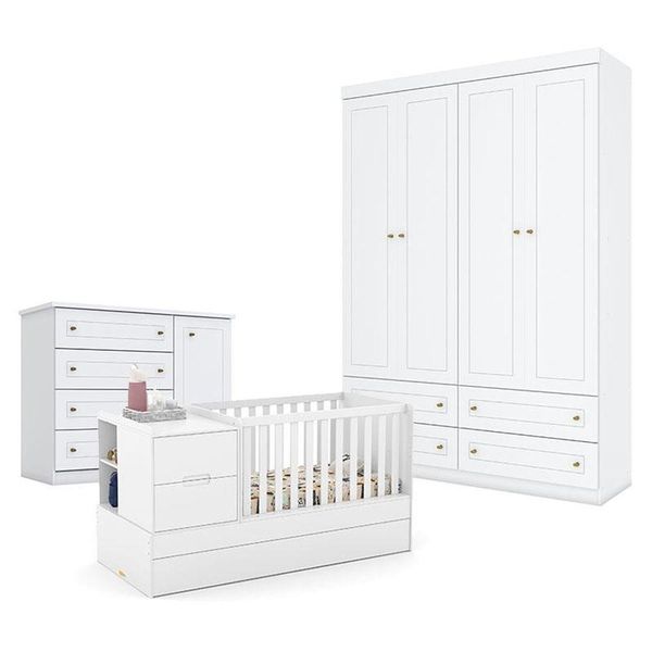 Quarto De Bebê Americano 4 Portas Com Berço Americano Multifuncional Formare Branco Acetinado - Matic - Henn